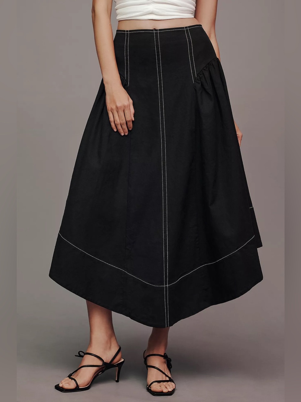 Anthropologie Linen-blend Curved-Hem Black Midi Skirt
